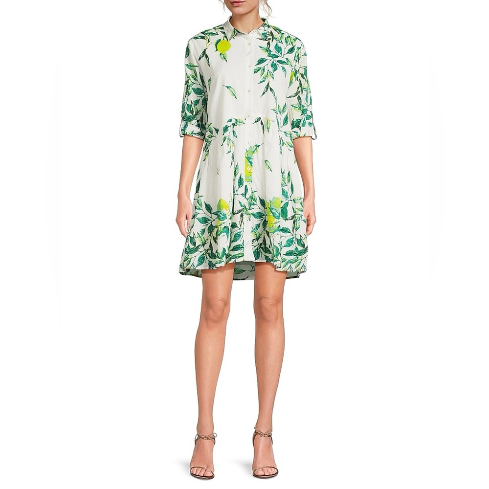NWT‎ Ro’s Garden Deauville Leaf Printed Mini Shirtdress Yellow Byron Size XS